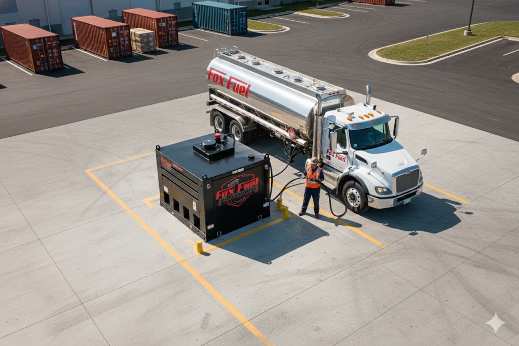 Aerial view of Fox Fuel delivery truck and FuelCube